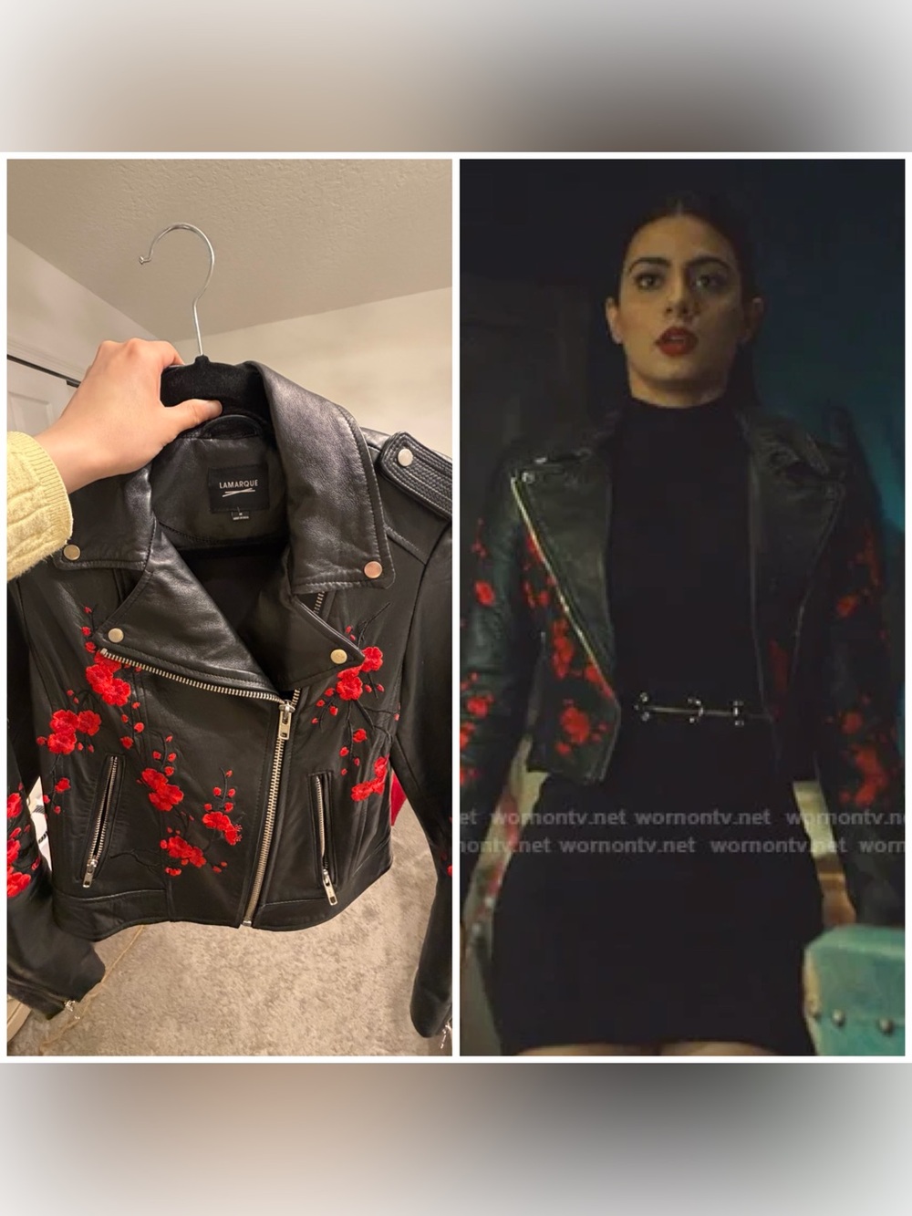 Lamarque Black Leather Moto Jacket with Red Floral Embroidery